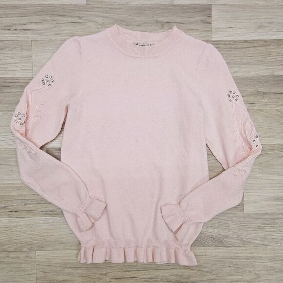 NANETTE LEPORE Womens Pink Ruffle Rhinestone Flower Pullover Sweater Small - Picture 1 of 7